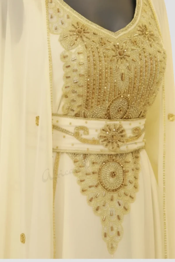 White Dubai Kaftan Dress with Gold Hand Embroidery Moroccan Bridal Kaftan Luxury Arabic Abaya Gown African Attire Shop (3)