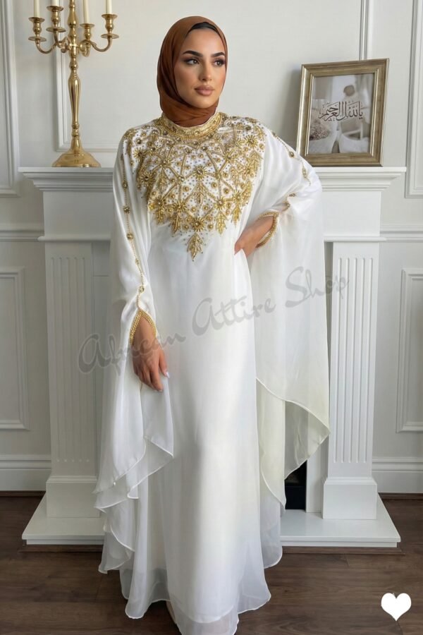 White & Gold Embroidered Abaya – Luxury Hand-Beaded Dubai Kaftan Dress | Modest Wedding, Eid & Evening Wear