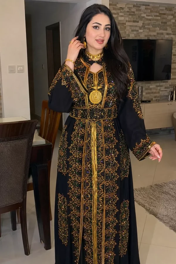 Black Moroccan kaftan dress with intricate gold and multicolor embroidery wide sleeves and full length flowing silhouette (1)