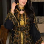 Black Moroccan kaftan dress with intricate gold and multicolor embroidery wide sleeves and full length flowing silhouette (2)