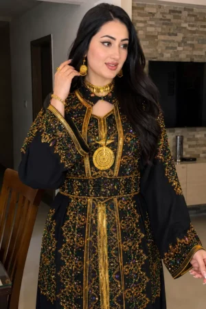 Black Moroccan kaftan dress with intricate gold and multicolor embroidery wide sleeves and full length flowing silhouette (2)