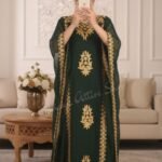 Dark Green Dubai Kaftan Dress with Gold Embroidery Farasha Style Abaya for Women (1)