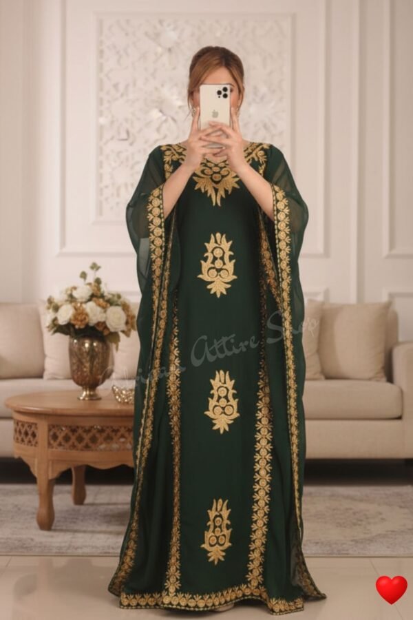 Dark Green Dubai Kaftan Dress with Gold Embroidery Farasha Style Abaya for Women (1)