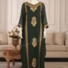 Dark Green Dubai Kaftan Dress with Gold Embroidery Farasha Style Abaya for Women (2)