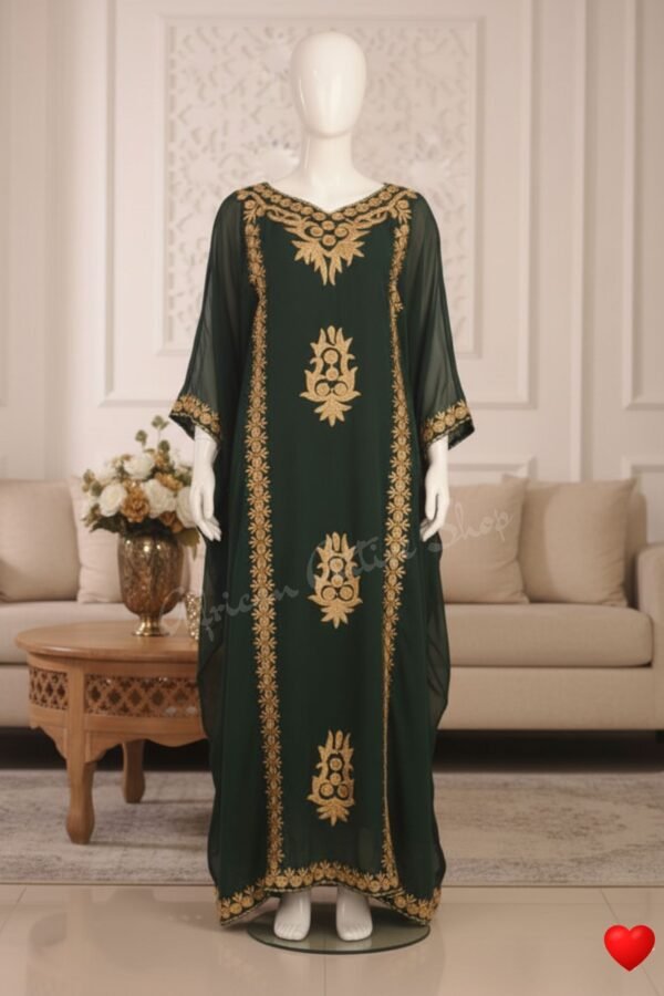Dark Green Dubai Kaftan Dress with Gold Embroidery Farasha Style Abaya for Women (2)