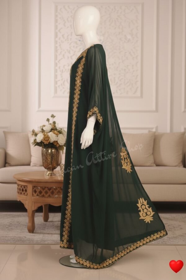 Dark Green Dubai Kaftan Dress with Gold Embroidery Farasha Style Abaya for Women (3)