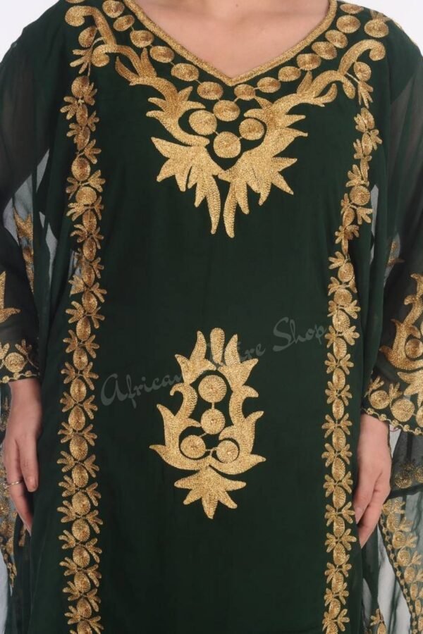 Dark Green Dubai Kaftan Dress with Gold Embroidery Farasha Style Abaya for Women (4)