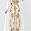 White Moroccan kaftan dress with intricate gold embroidery long sleeves and embellished waist (1)