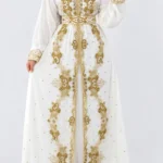 White Moroccan kaftan dress with intricate gold embroidery long sleeves and embellished waist (1)