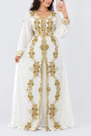 White Moroccan kaftan dress with intricate gold embroidery long sleeves and embellished waist (1)