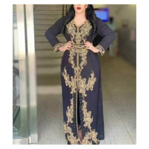 african attire kaftan abaya gold beaded wedding party gown black