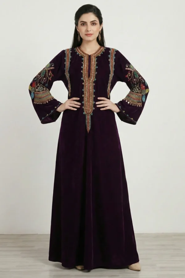 Black and gold embroidered Dubai abaya kaftan with luxury hand embroidery for wedding and evening wear