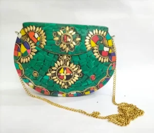 Handmade Mosaic Stone Metal Green Clutch Bag