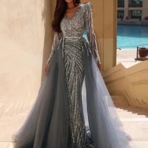 Luxury Mermaid Blue Arabic Evening Dresses Gowns with Detachable Skirt 2024