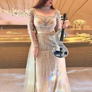 Dubai Nude Beaded Arabic Tassel Mermaid Evening Dress Luxury Wedding Party Gown