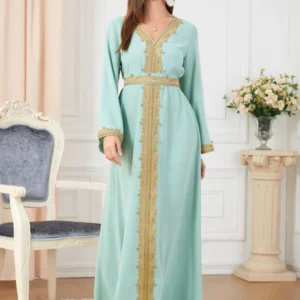 Light Green Lace Embroidered Designer Kaftan Maxi Dress