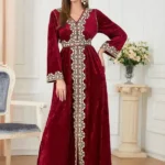 Burgundy Luxury Abaya A-Line Moroccan Caftan with Belt