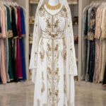 White Moroccan bridal kaftan with gold embroidery and hood (1)
