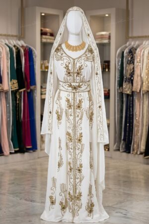 White Moroccan bridal kaftan with gold embroidery and hood (1)
