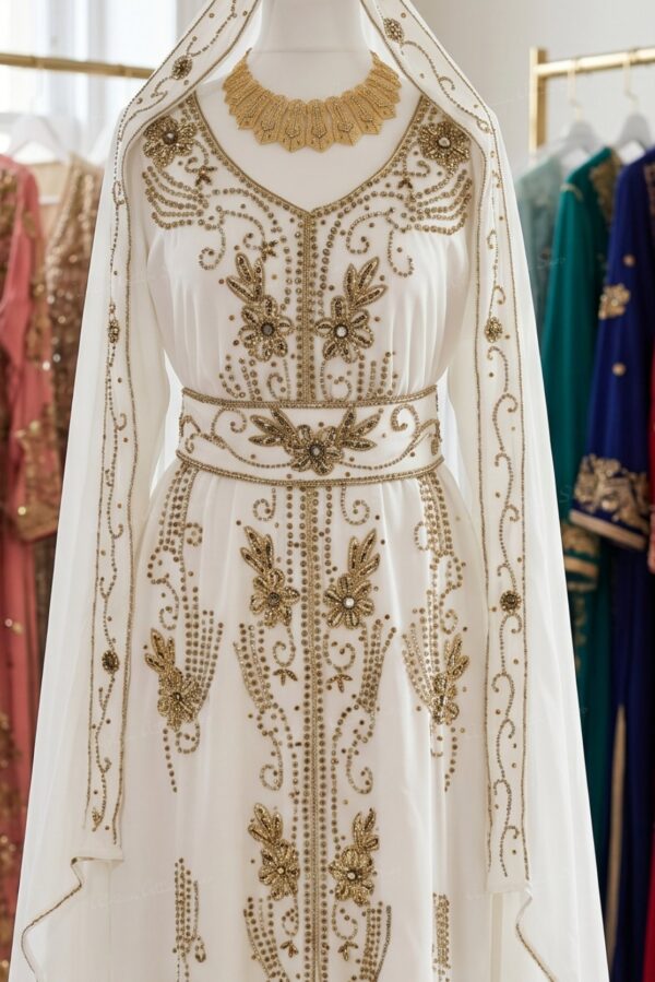 White Moroccan bridal kaftan with gold embroidery and hood (2)