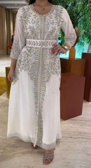 Dubai Dazzling Dream Hand-Beaded White Moroccan Kaftan