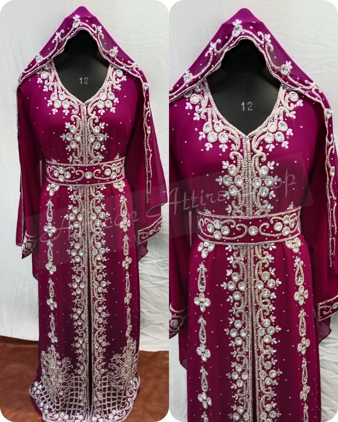 Moroccan hooded kaftan with silver embroidery