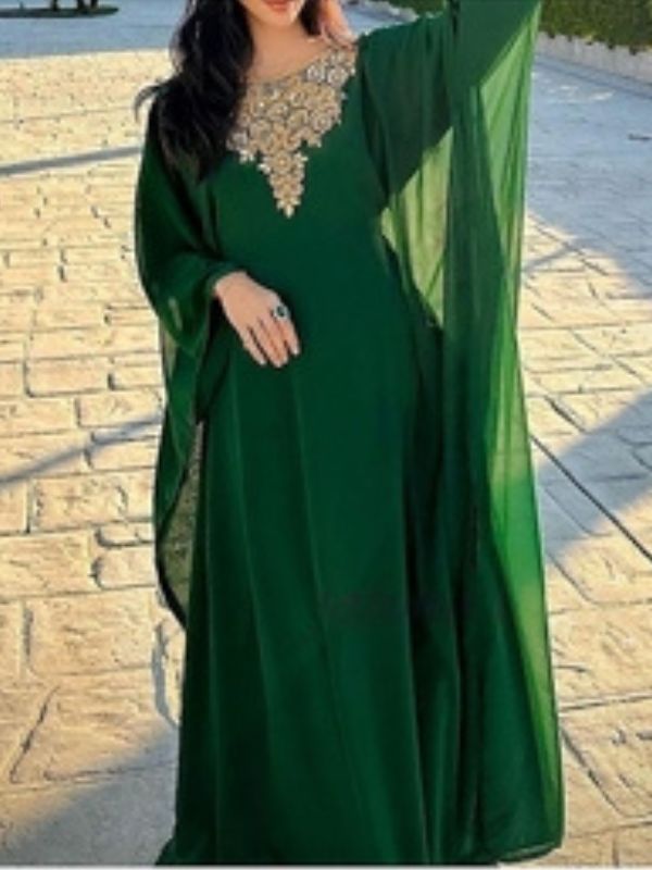 MS CREATION Yellow Embroidered Georgette Kaftan Abaya – Formal Maxi Dress (All Sizes)