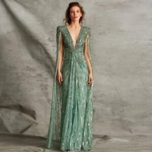 Sage Green Cape Gown with Fuchsia Crystals