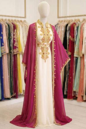 Fuchsia pink Moroccan kaftan with white inner dress (1)