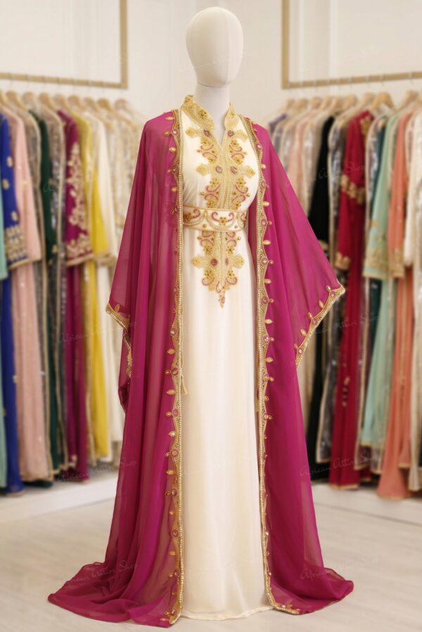 Fuchsia pink Moroccan kaftan with white inner dress (1)