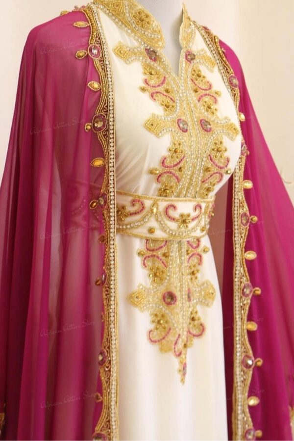 Fuchsia pink Moroccan kaftan with white inner dress (2)