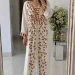 White kaftan dress with red and gold leaf embroidery and long sleeves (1)