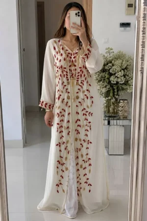 White kaftan dress with red and gold leaf embroidery and long sleeves (1)