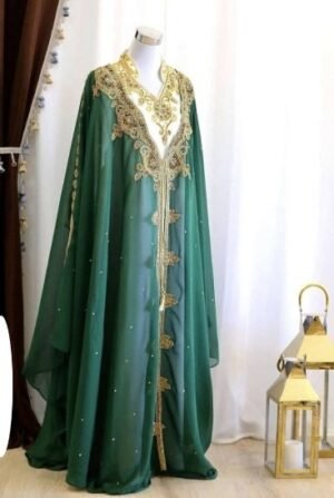 Handcrafted Emerald Green Georgette Kaftan with Zari Embroidery