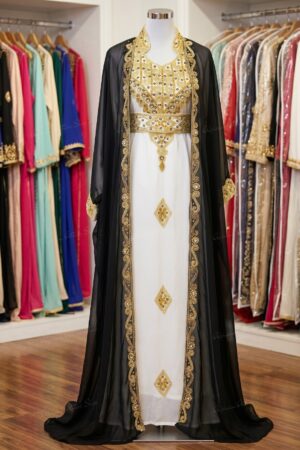 Black and white Moroccan kaftan with gold embroidery (3)