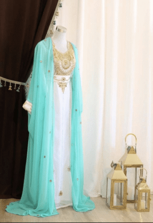 Elegant Sky Blue & White Handcrafted Zari Work Stitched Georgette Kaftan