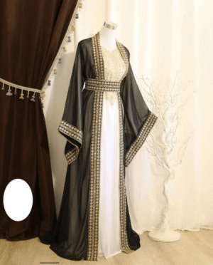 Black and White Zari Kaftan Dress Handcrafted Georgette for Weddings & Parties