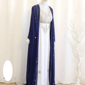 Navy Blue and White Handcrafted Zari Kaftan Dress | Georgette Wedding Guest Dress | Party Wear