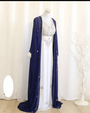 Navy Blue and White Handcrafted Zari Kaftan Dress | Georgette Wedding Guest Dress | Party Wear