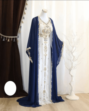 Navy Blue & White Zari Kaftan Wedding Dress | Handcrafted Georgette Party Gown