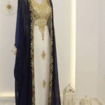 Navy Blue and White Zari Embroidered Georgette Kaftan Dress for Wedding or Party