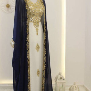 Navy Blue and White Zari Embroidered Georgette Kaftan Dress for Wedding or Party