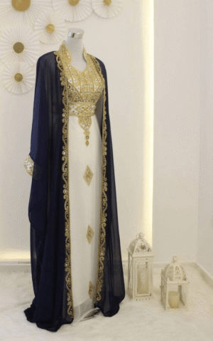 Navy Blue and White Zari Embroidered Georgette Kaftan Dress for Wedding or Party