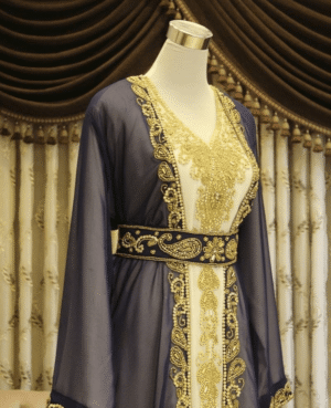 Navy Blue and White Zari Kaftan Wedding Dress | Handcrafted Georgette Party Gown