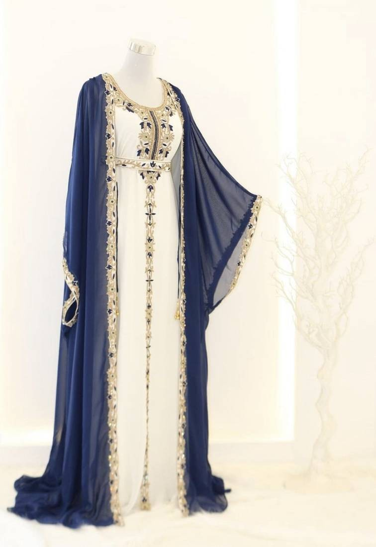 Navy Blue and White Zari Embroidered Georgette Kaftan Dress for Wedding & Party