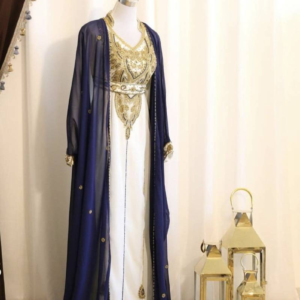 Navy Blue and White Zari Kaftan Dress | Handcrafted Georgette Wedding Guest Dress