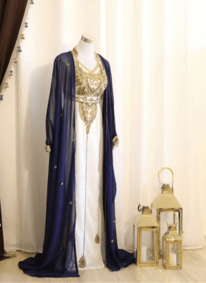 Navy Blue and White Zari Kaftan Dress | Handcrafted Georgette Wedding Guest Dress