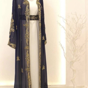 Navy Blue and White Zari Embroidered Georgette Kaftan Dress for Wedding and Party