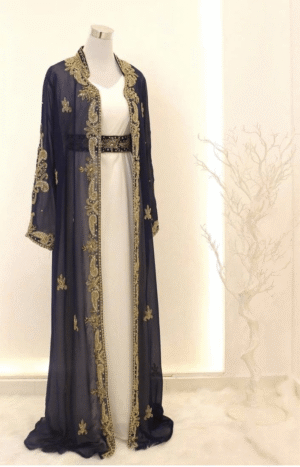 Navy Blue and White Zari Embroidered Georgette Kaftan Dress for Wedding and Party