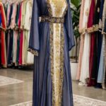 Navy Blue and White Zari Kaftan Wedding Dress Handcrafted Georgette Party Gown (1)